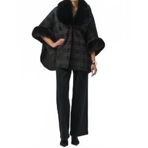 NEW JOSEPH RIBKOFF plaid fur collar coat in black